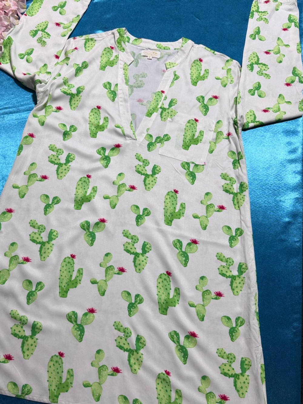 Mud Pie White Cactus Print Swim Coverup with Green and Pink Accents